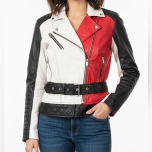 French Connection Black, White, and Red Leather Jacket